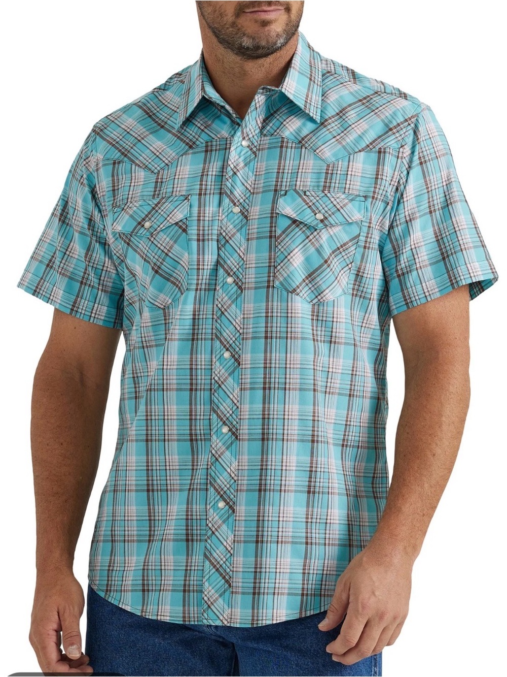 Mens Wrangler Western Shirt Aqua Blue Brown White Plaid Pearl Snap Buttons 2XL